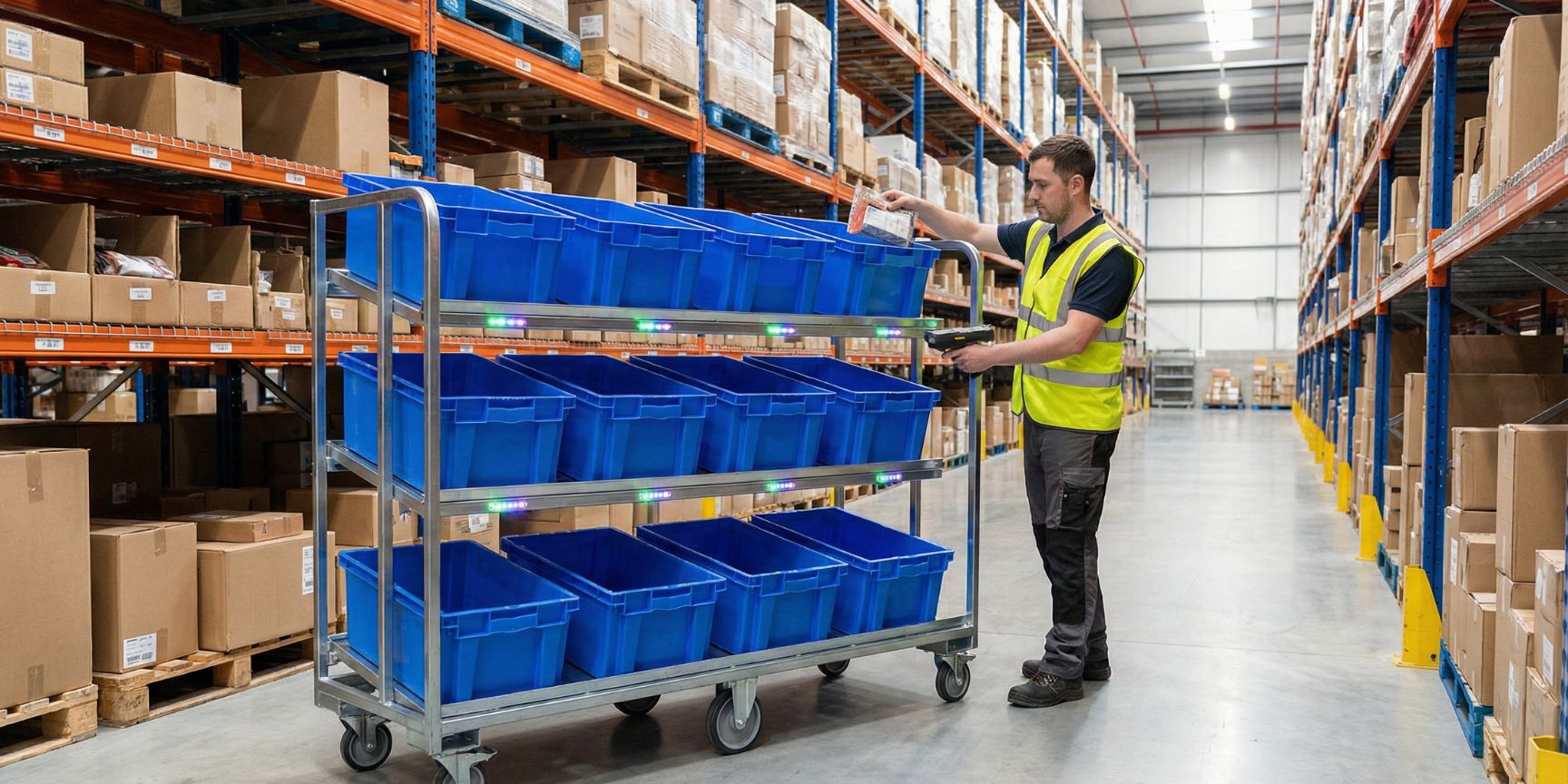 Logistics employees picking clusters with a multi-tote picking trolley and integrated pick-to-light system in a high-bay warehouse